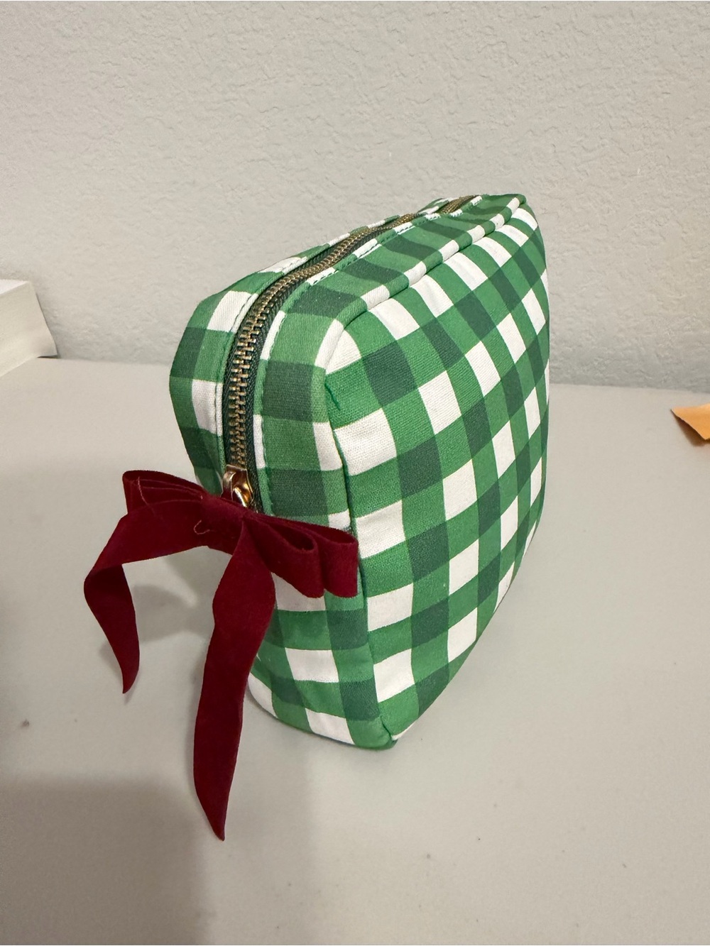 Green Gingham Cosmetic Pouch with Red Bow